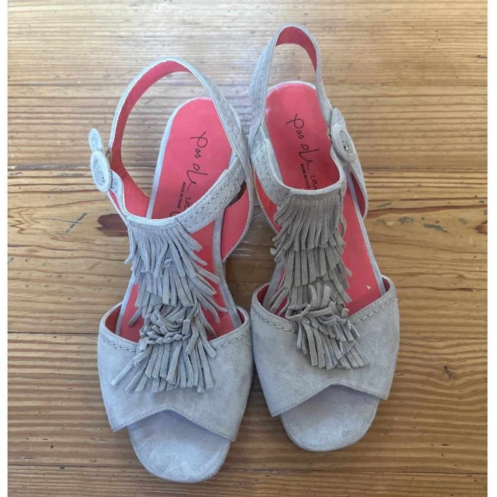 Pas de Rouge Wedge Sandals Women Gray Fringe Suede‎ Slingback Boho SIZE 38.5